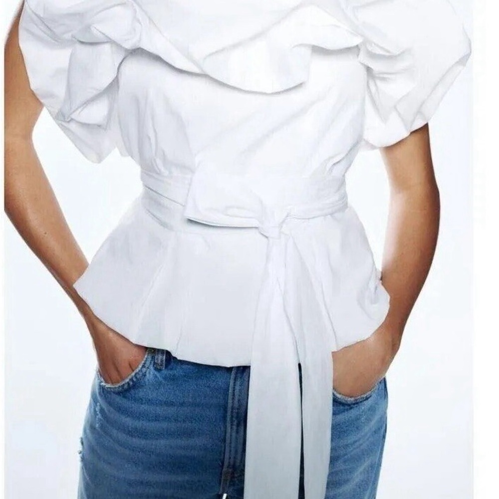 Zara Bubble Ruffle Top Tie White Medium